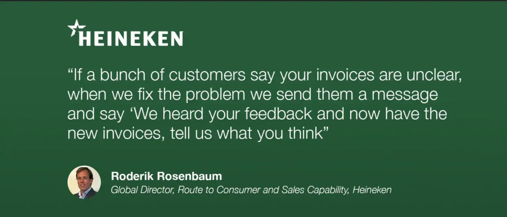 Cartão de citação da Heineken verde de Roderik Rosenbaum discutindo a resposta ao feedback do cliente nas faturas