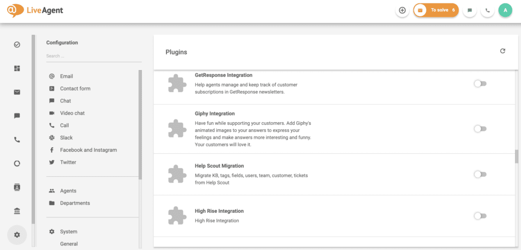 Integração do Giphy na lista de plugins do LiveAgent