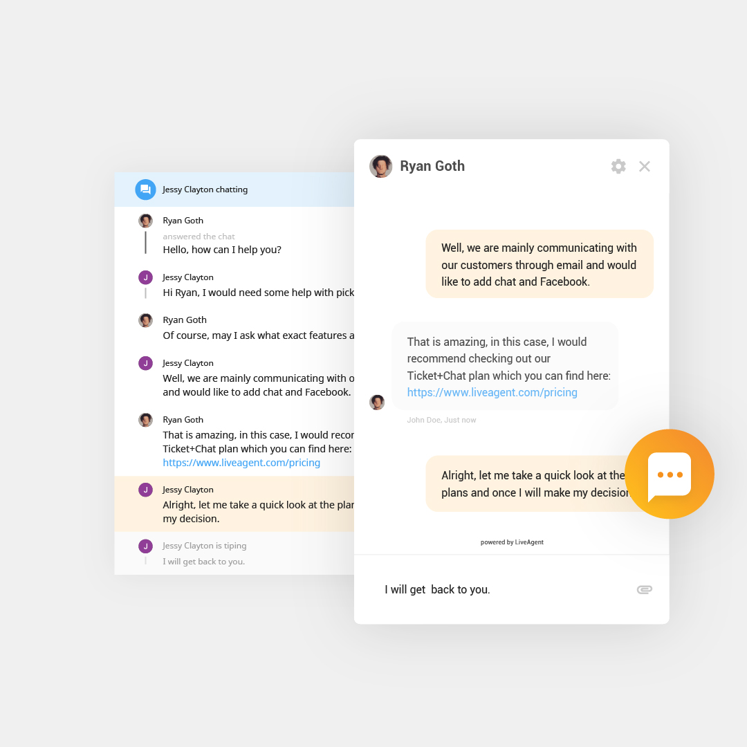 Visão geral do chat ao vivo em andamento no LiveAgent com botão de chat ao vivo e widget de chat ao vivo e janela exibida