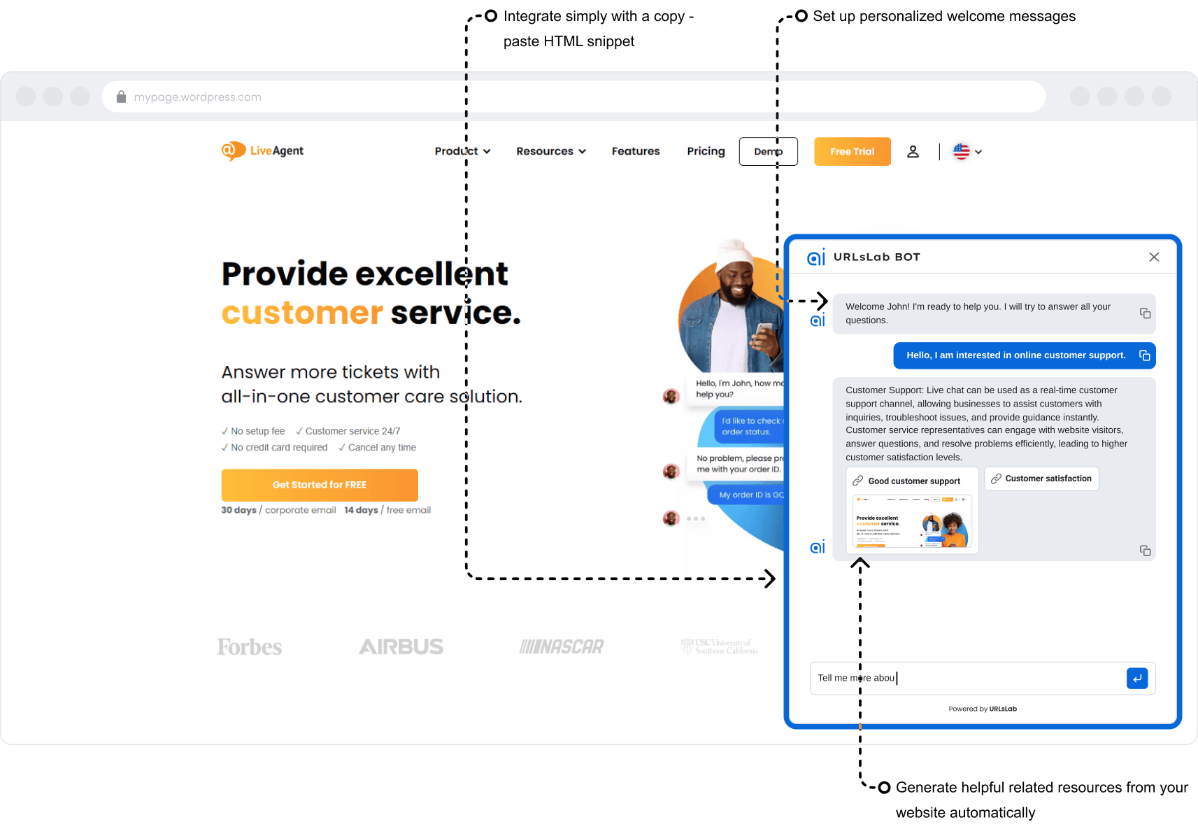 Mockup de Chatbot de IA da URLsLab