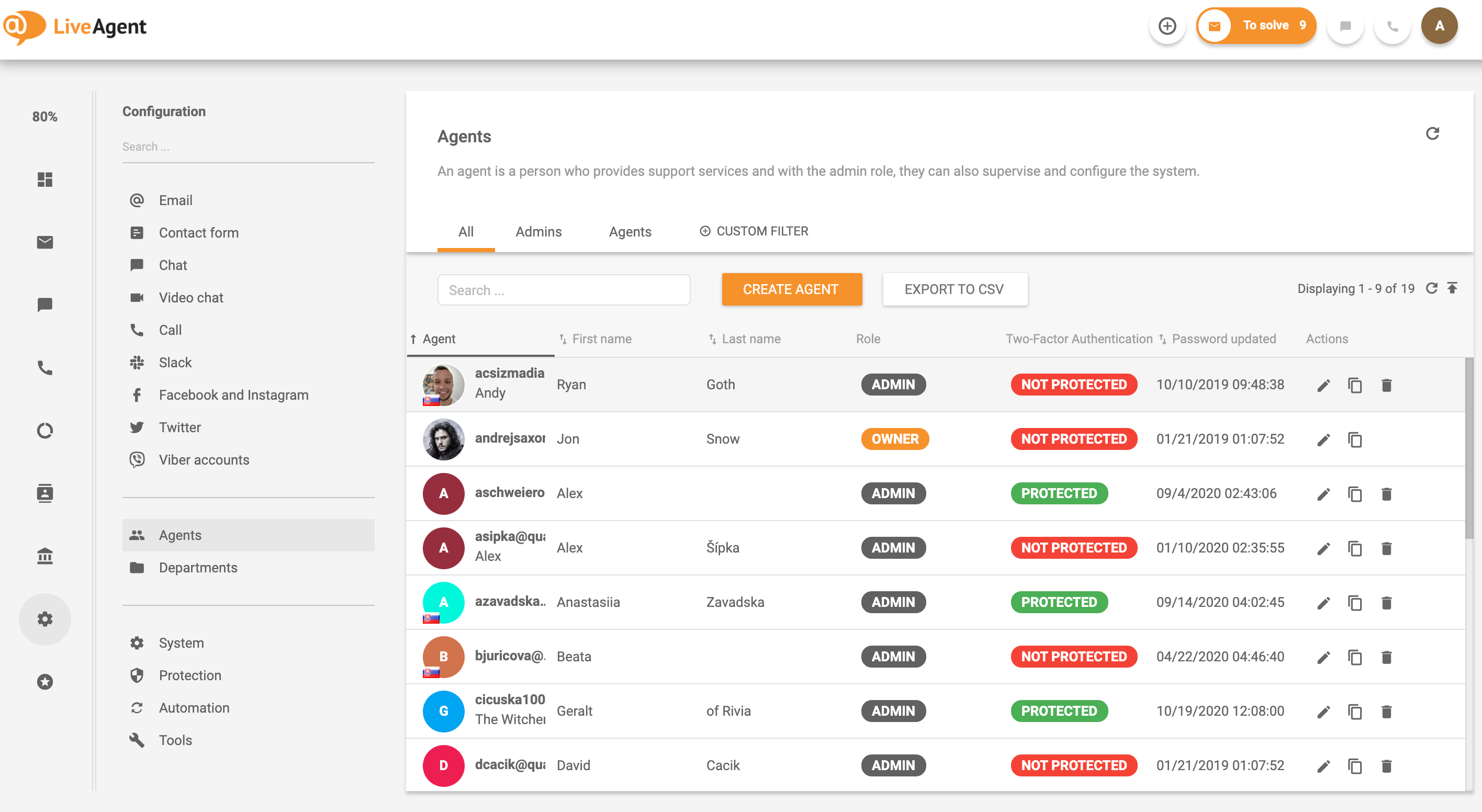 Lista de agentes na solução de atendimento ao cliente LiveAgent