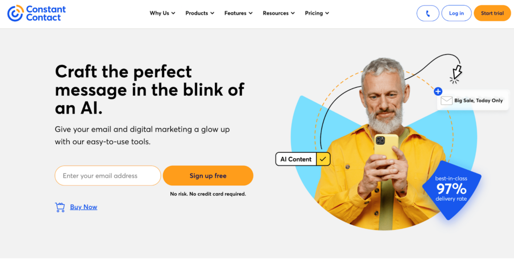 Página inicial do Constant Contact, software de marketing por e-mail e gestão