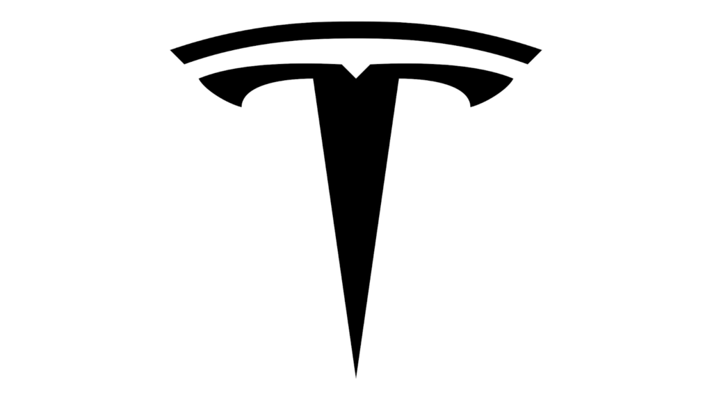 O logotipo da Tesla, um 'T' preto estilizado em um fundo branco.