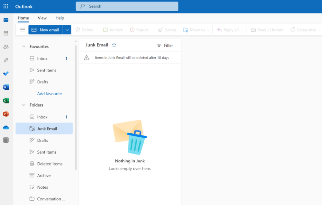 Microsoft365 - pasta de e-mails indesejados