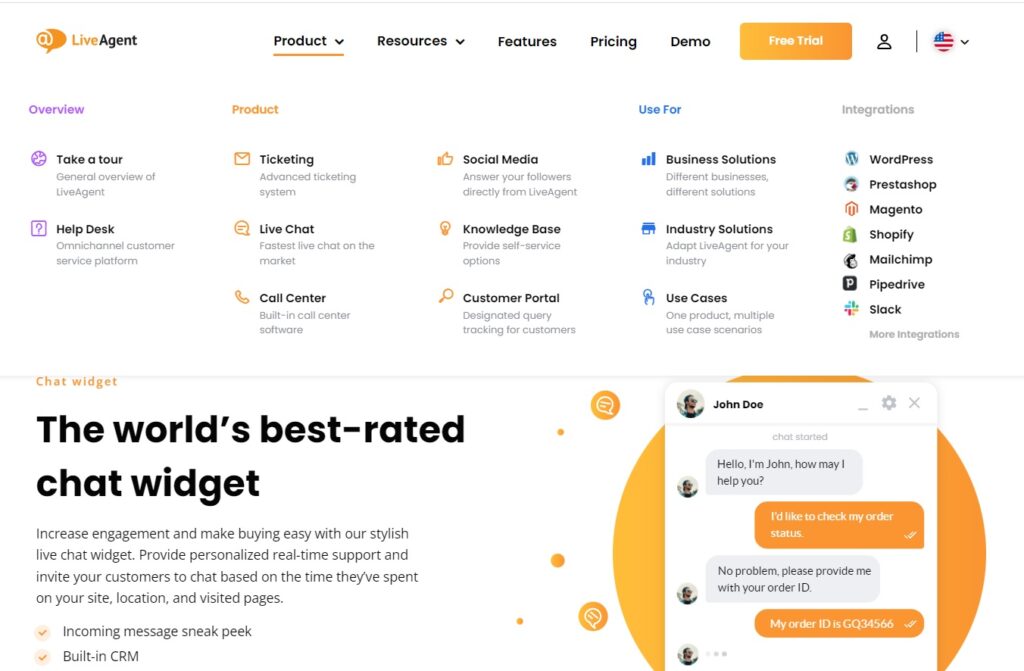 Navegação do produto do LiveAgent