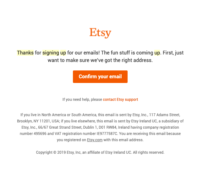 Confirmação de aquisição de e-mails da Etsy