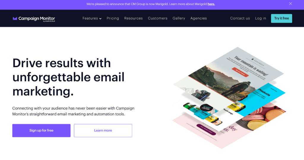 Página inicial do Campaign Monitor, eficiente sistema de gerenciamento de e-mail e marketing.
