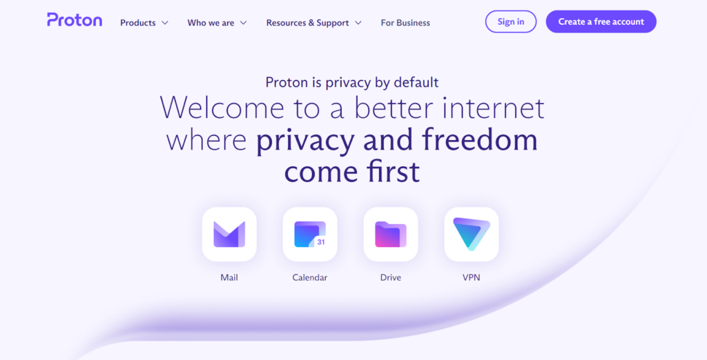 Página inicial do ProtonMail - uma alternativa ao Gmail focada em privacidade