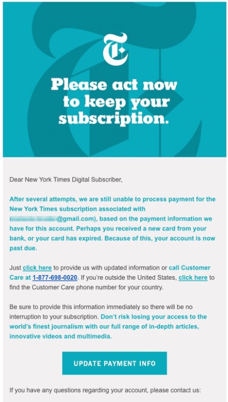 exemplo de e-mail de cobrança da NYT