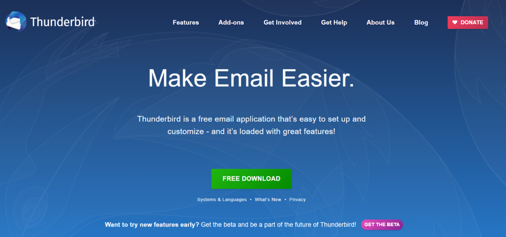 Página inicial do Thunderbird - uma alternativa personalizável ao Gmail com amplo suporte a plugins