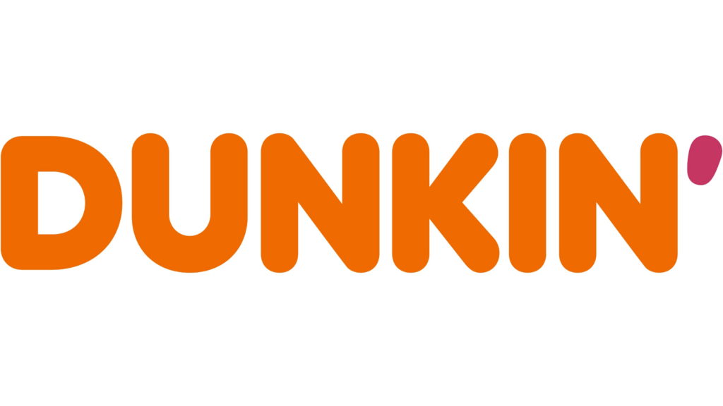 Logotipo do Dunkin', apresentando a palavra 'DUNKIN'' em letras laranja em negrito com um apóstrofo rosa no final.