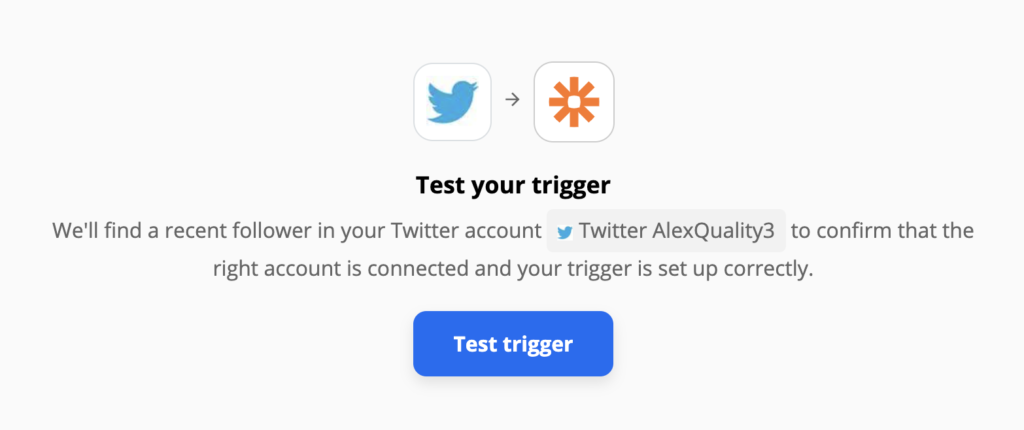 Teste de gatilho do Twitter na configuração de integração no Zapier