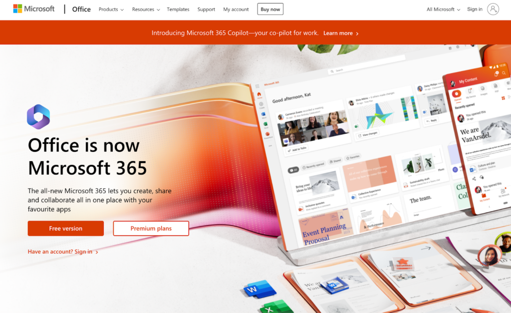 Página inicial do Microsoft 365, software de gerenciamento de e-mails para empresas.