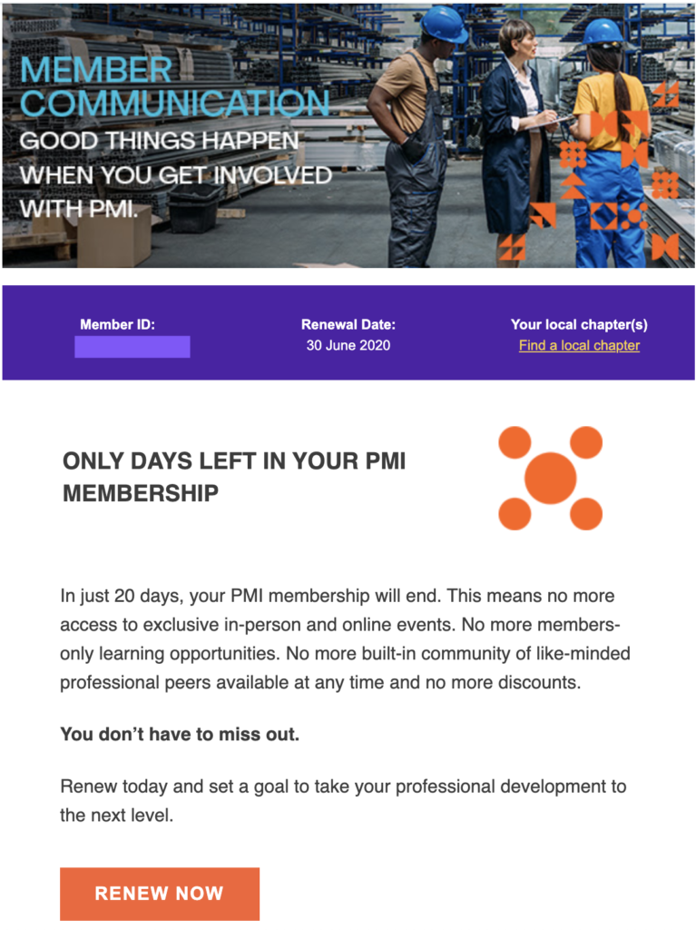 Modelo de e-mail de renovação da PMI