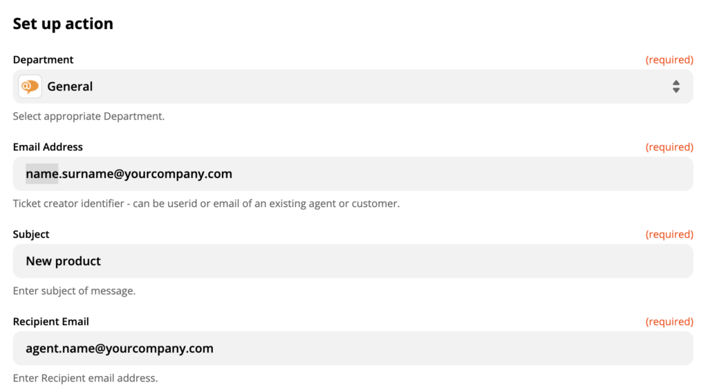 Configuração de ação do LiveAgent no Zapier