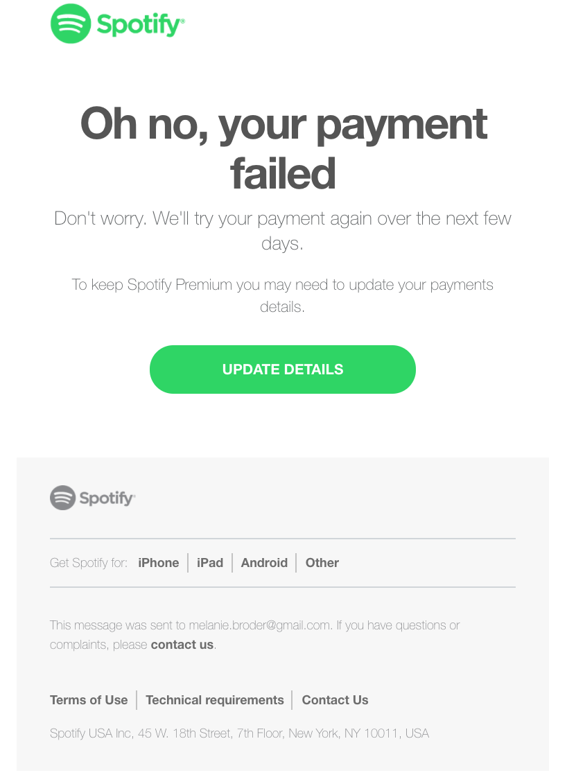 exemplo de e-mail de cobrança do Spotify