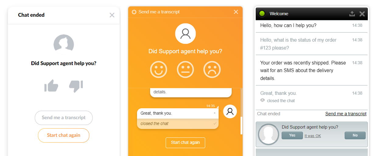 Imagem de pesquisa pós-chat, mostrando diferentes opções de classificação do agente após o chat ao vivo