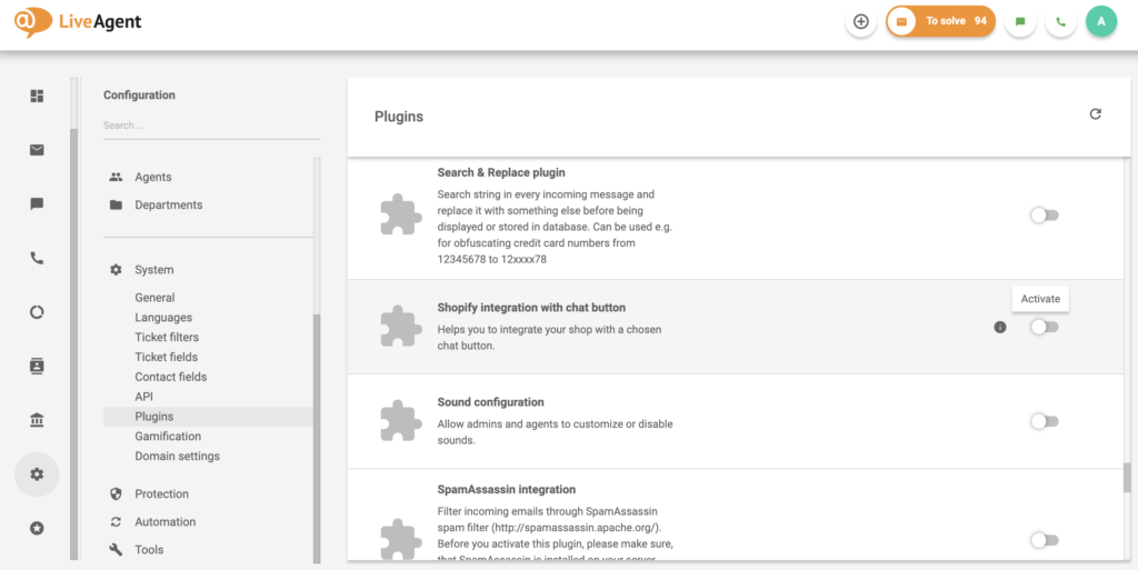 shopify--liveagent-integration Integração do Shopify com botão de chat na lista de plugins do LiveAgent