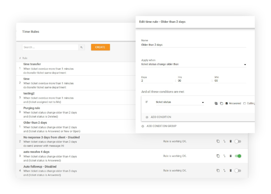 Captura de tela da interface do LiveAgent para edição de ‘Regras de Tempo’ com diversas condições e configurações