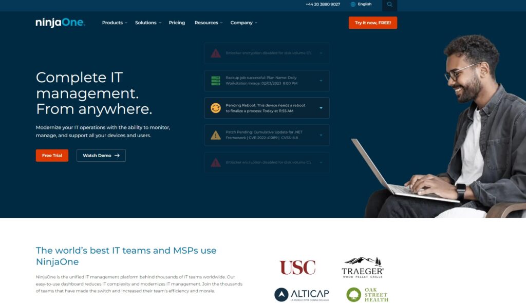 Página inicial do NinjaOne, uma alternativa do Solarwinds para monitoramento remoto