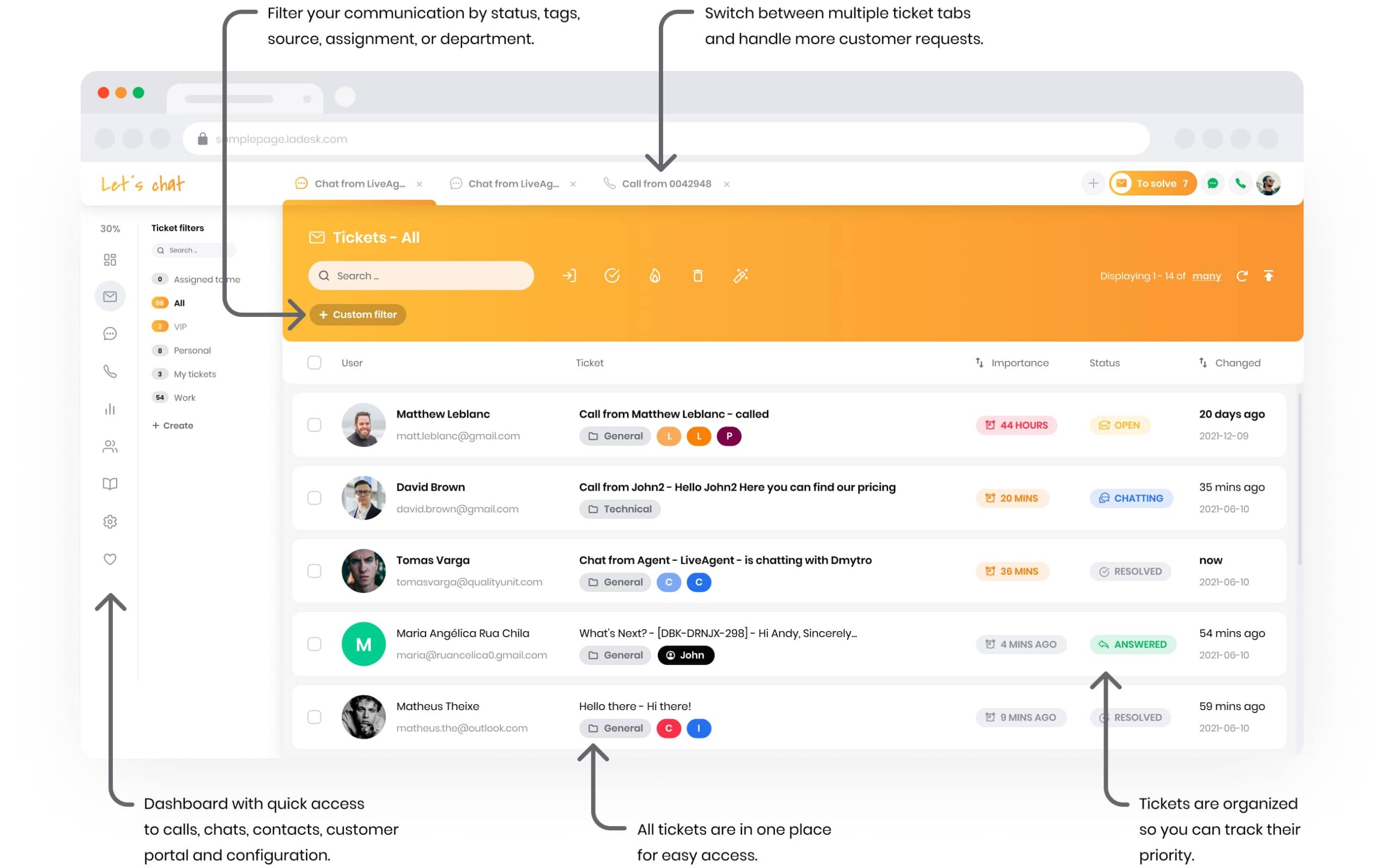 Mockup de visão geral de tickets do LiveAgent