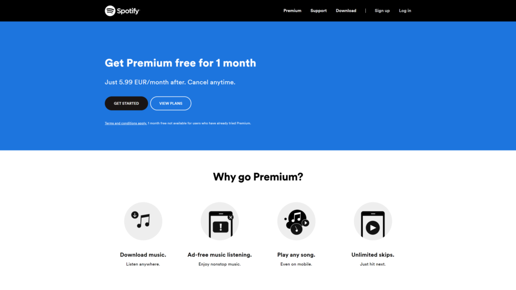 Página inicial do Spotify