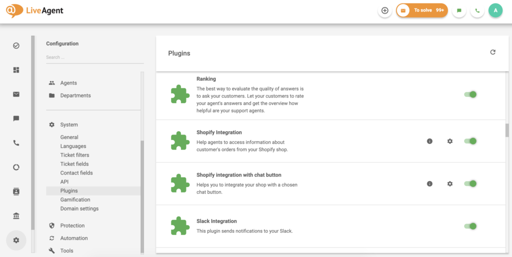 Integração do Shopify na lista de plugins do LiveAgent