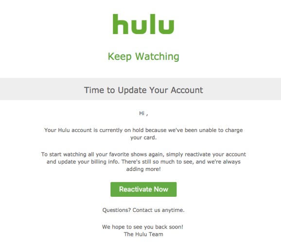 Exemplo de e-mail de cobrança da Hulu