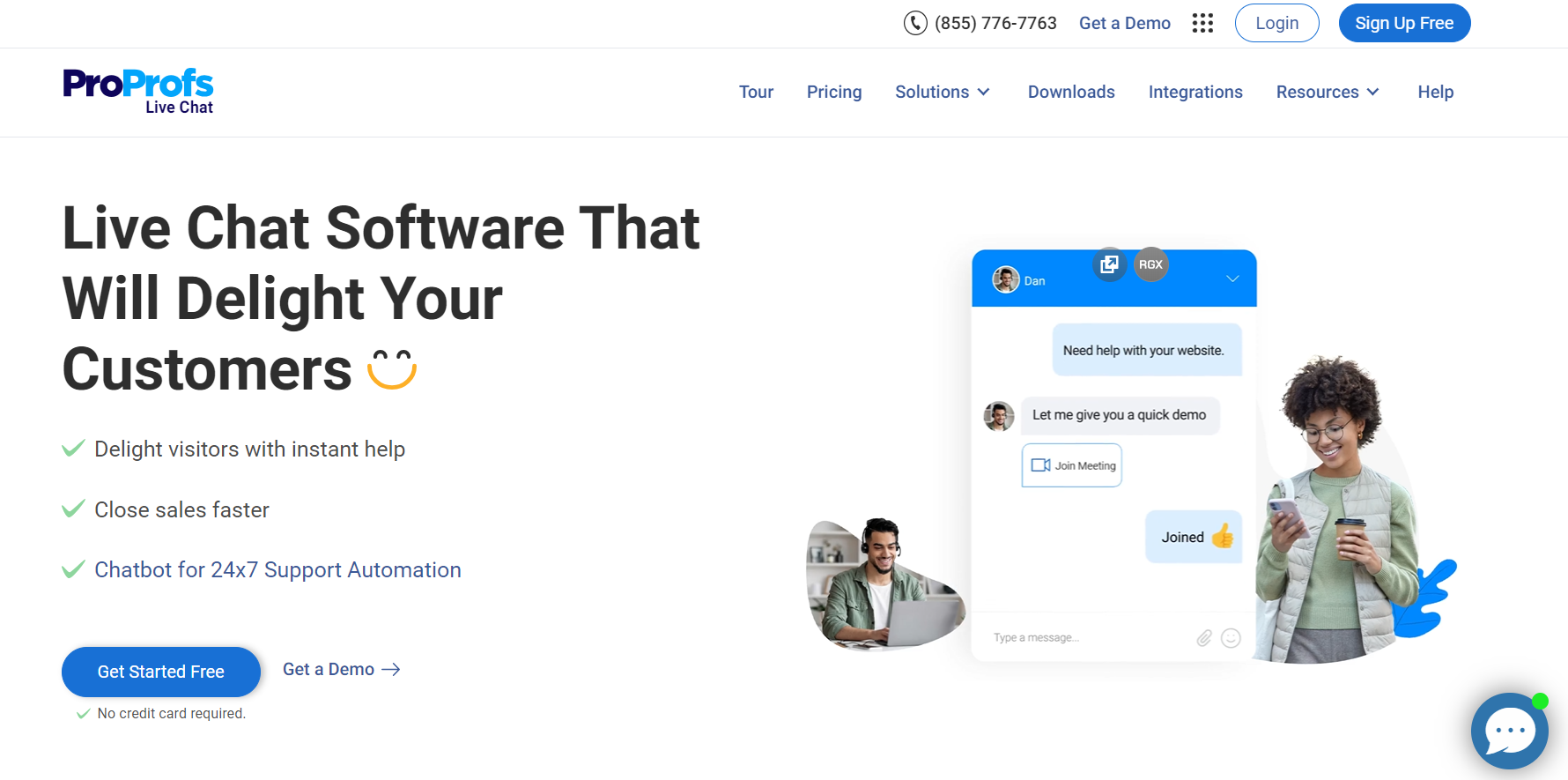 Página inicial do ProProfs Chat - software de chat ao vivo para satisfação do cliente em e-commerce