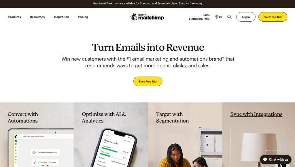 Página inicial do Mailchimp - alternativa do HubSpot para email marketing e boletins informativos
