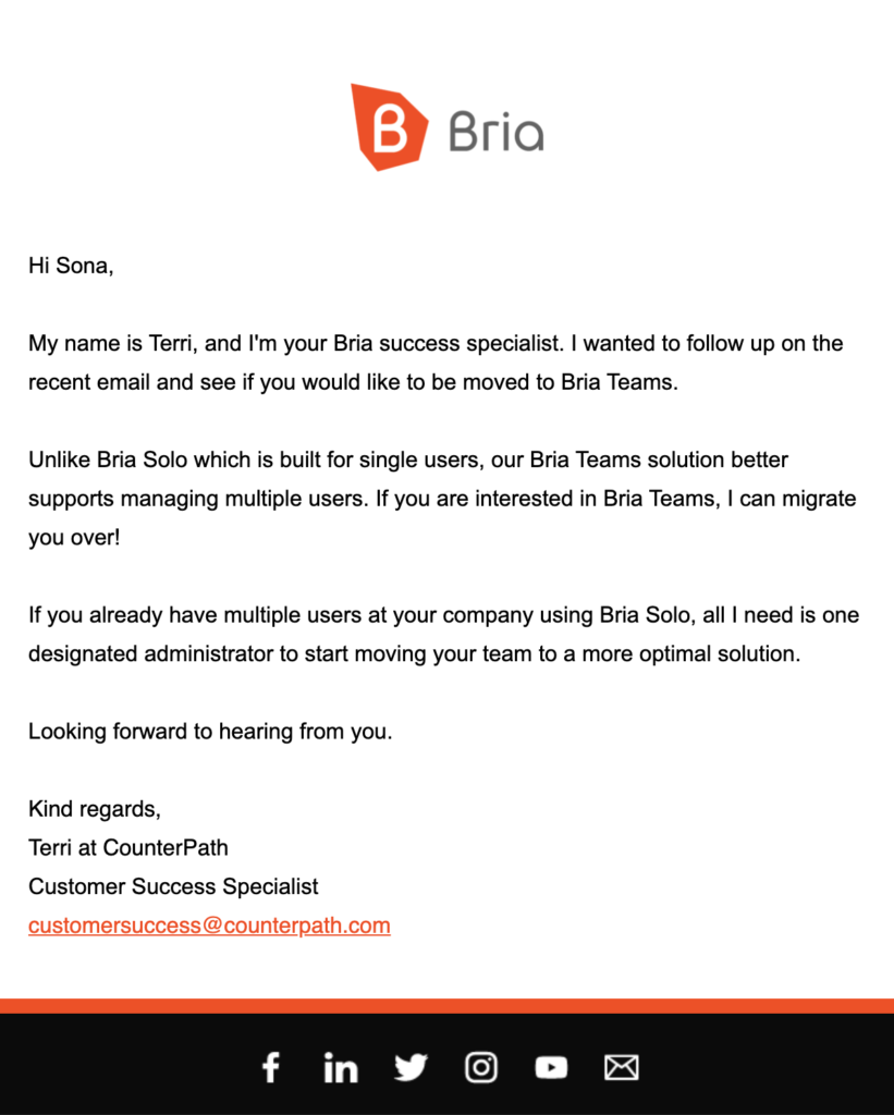 e-mail de follow-up para atendimento ao cliente da Bria