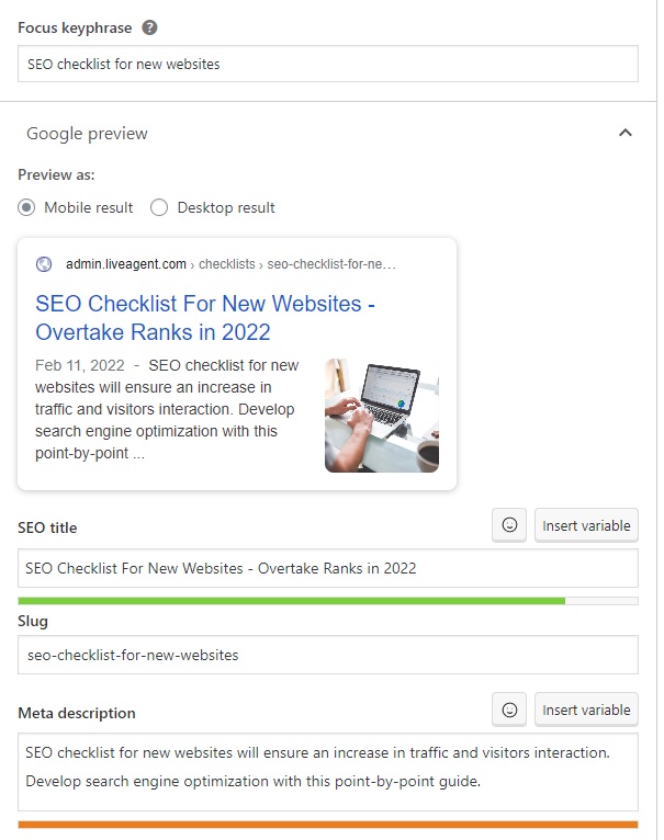 Exemplo de frase-chave, título SEO e descrição meta do LiveAgent