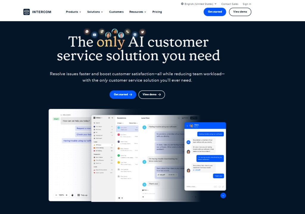 Página principal do Intercom, uma alternativa ao HubSpot para comunicação empresarial