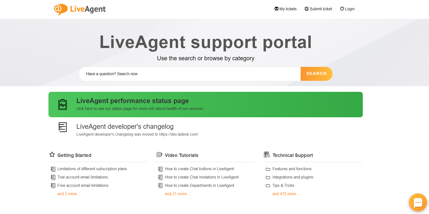 Imagem do portal de clientes do LiveAgent com artigos organizados em diferentes categorias