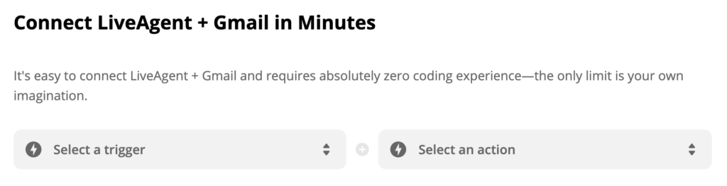 Seleção de ativador e ação do LiveAgent e Gmail