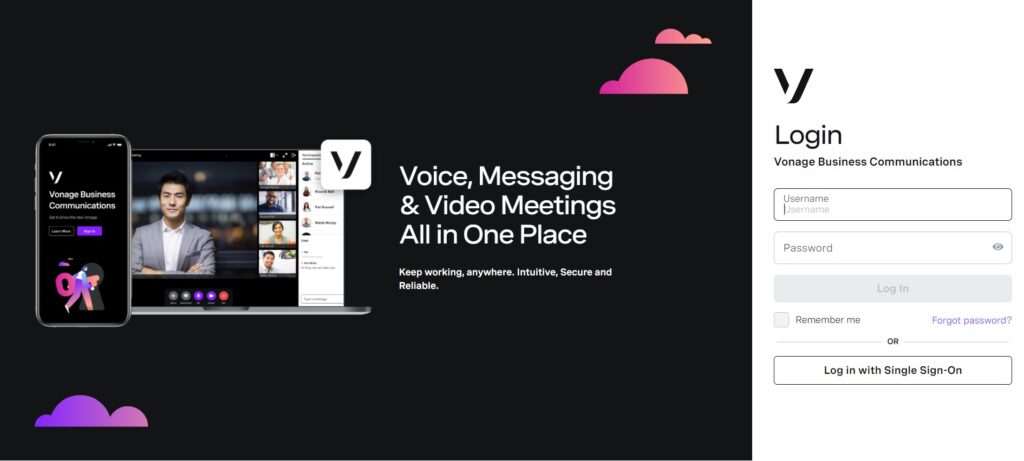 Página inicial de comunicações empresariais da Vonage
