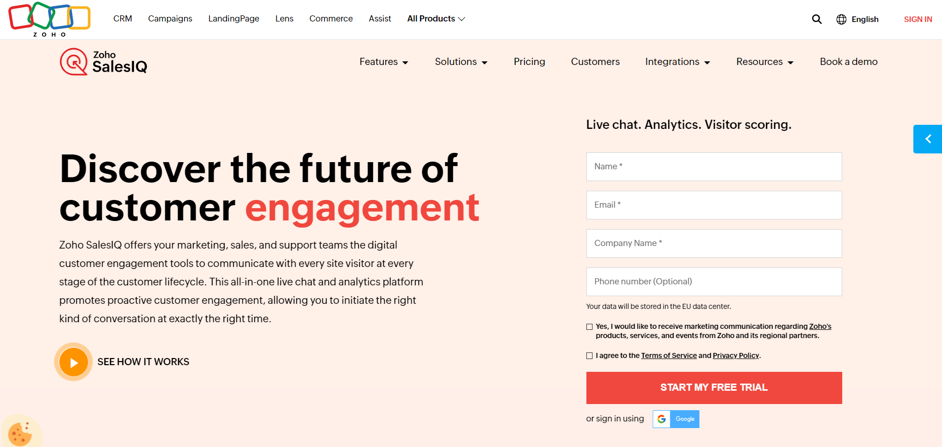 Página inicial do Zoho SalesIQ - software de chat ao vivo para e-commerce