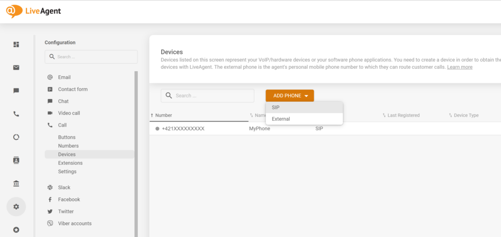 Uma imagem mostrando como adicionar um novo telefone SIP na configuração do LiveAgent.