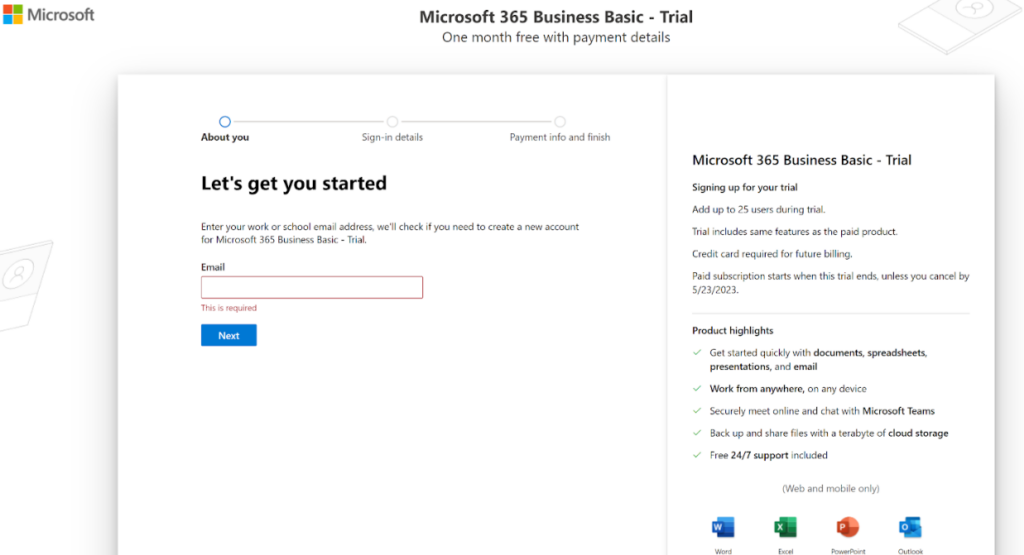 Microsoft365 - processo de cadastro
