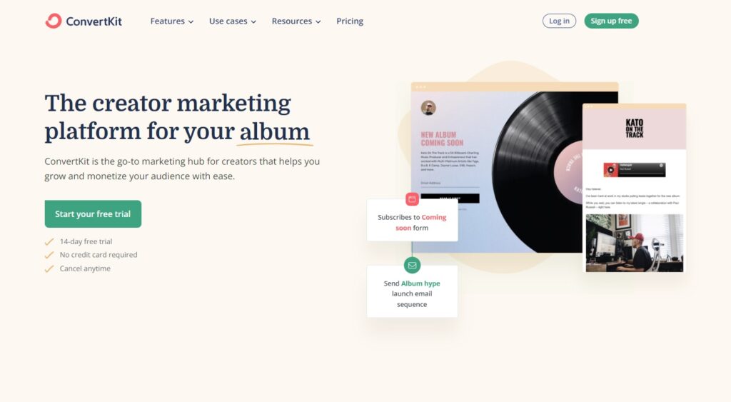 Página inicial do ConvertKit, software de gestão de e-mails para criadores.