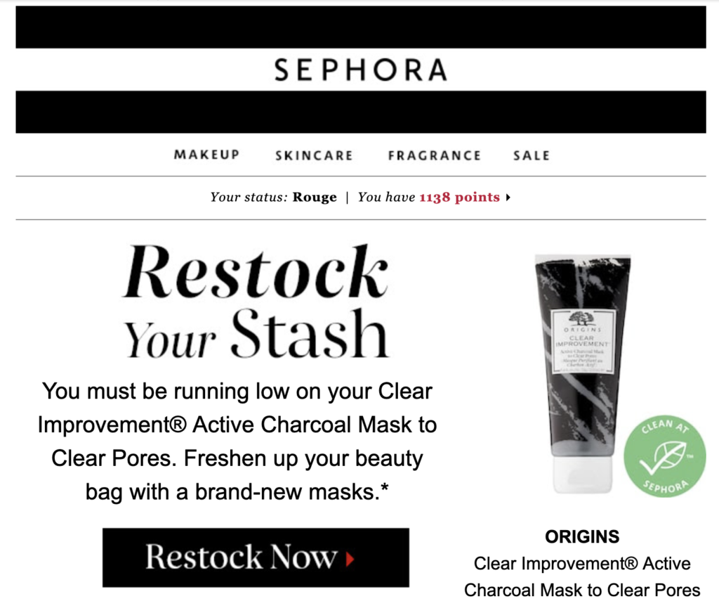 Modelo de e-mail de reabastecimento da Sephora