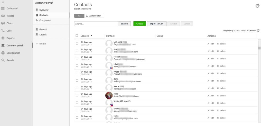 Customer_Database_contacts Contatos do banco de dados de clientes do LiveAgent