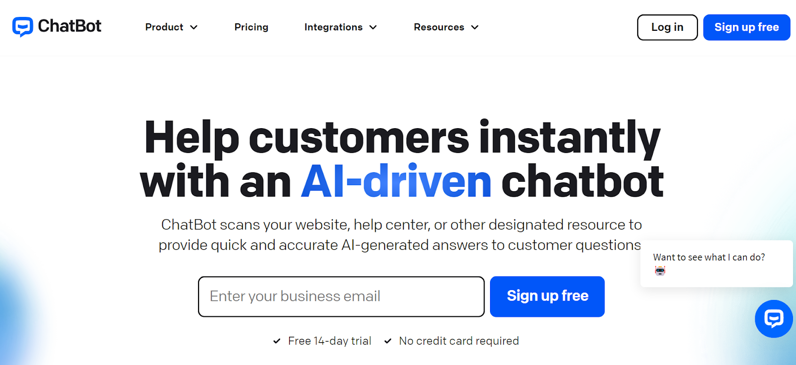 Screenshot of ChatBot home page - provide AI-generated answers with their powerful chatbot