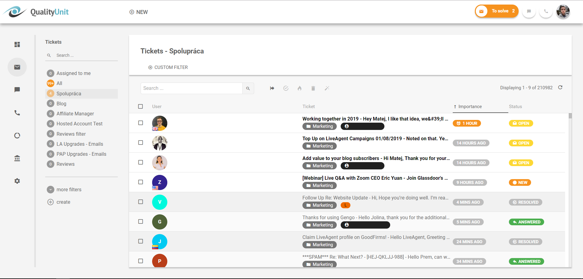 Sistema gratuito de help desk - LiveAgent - Todos os tickets