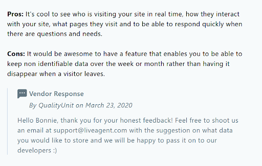 Resposta do fornecedor a uma avaliação em portal de avaliação