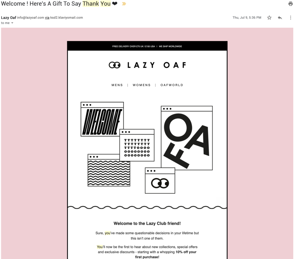 modelo de e-mail de agradecimento ao cliente da lazy oaf