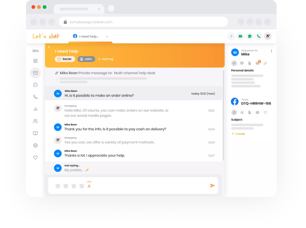 Interface de chat de suporte ao cliente da LiveAgent com uma janela de conversa e perfil do usuário.