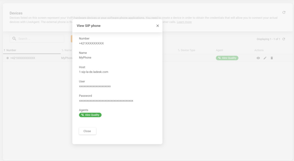 Uma imagem mostrando detalhes de um telefone SIP recém-criado na configuração do LiveAgent.