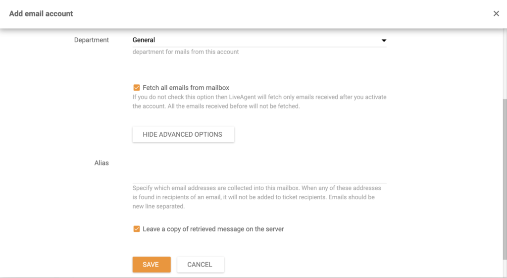 Adicionar opções de configuração de conta de e-mail