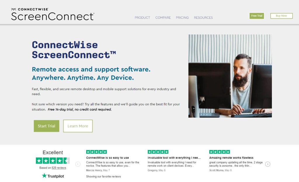 Página inicial do ConnectWise Control - Alternativa ao HubSpot para suporte remoto